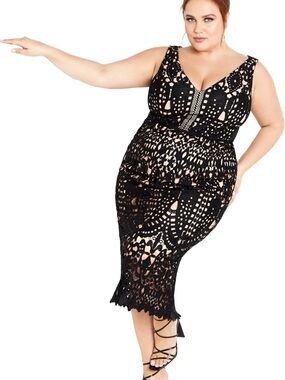 City Chic Black Lace Midi Dress with Nude Underlay